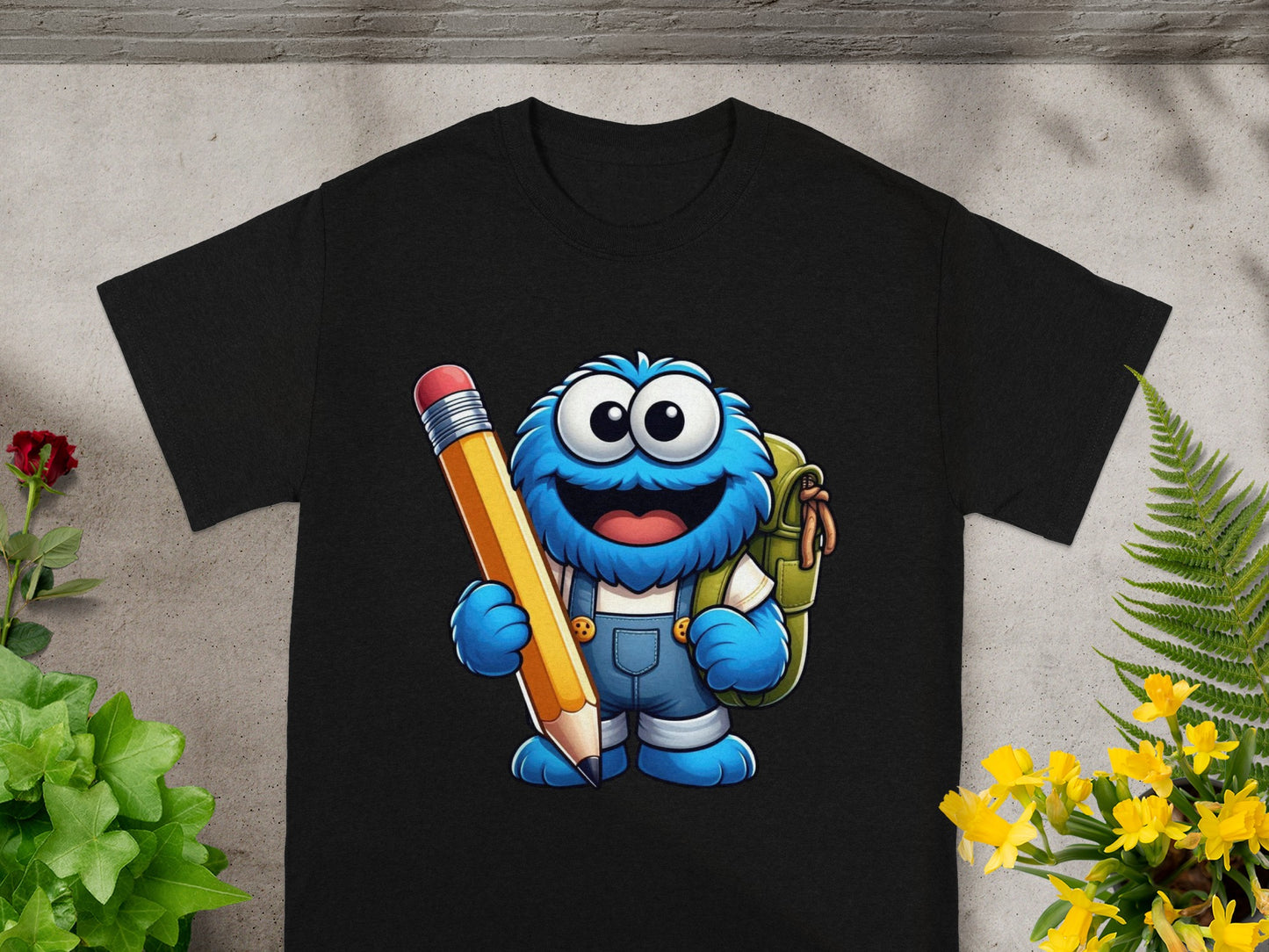 Fuzzy blue monster with big eyes holding a large pencil.