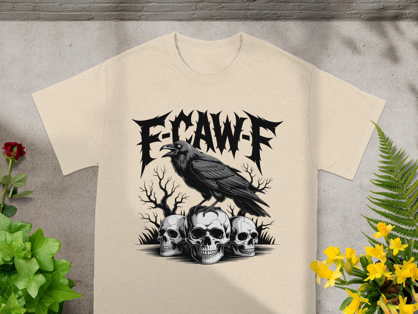 E-CAW-F Crow and Skulls Graphic T-Shirt