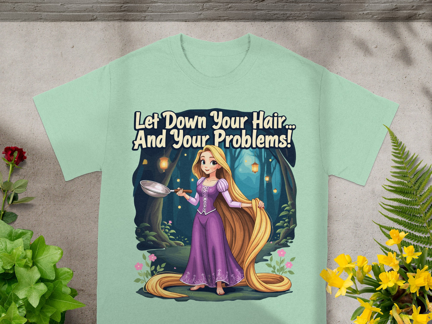 Rapunzel in purple dress, letting down her long blonde hair, text "Let Down Your Hair... And Your Problems!".