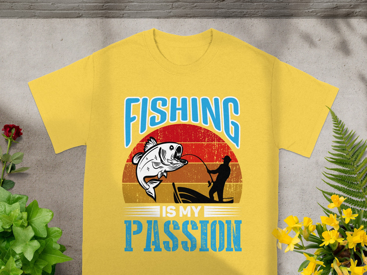 Yellow t-shirt with blue text "FISHING IS MY PASSION" and a fishing graphic.