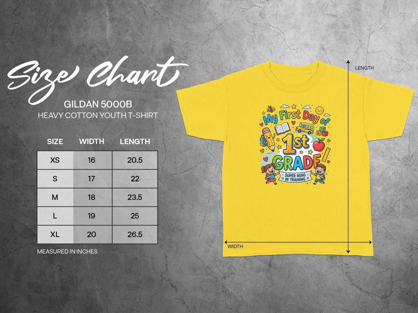 Yellow youth t-shirt with "My First Day of 1st Grade" graphic and size chart.