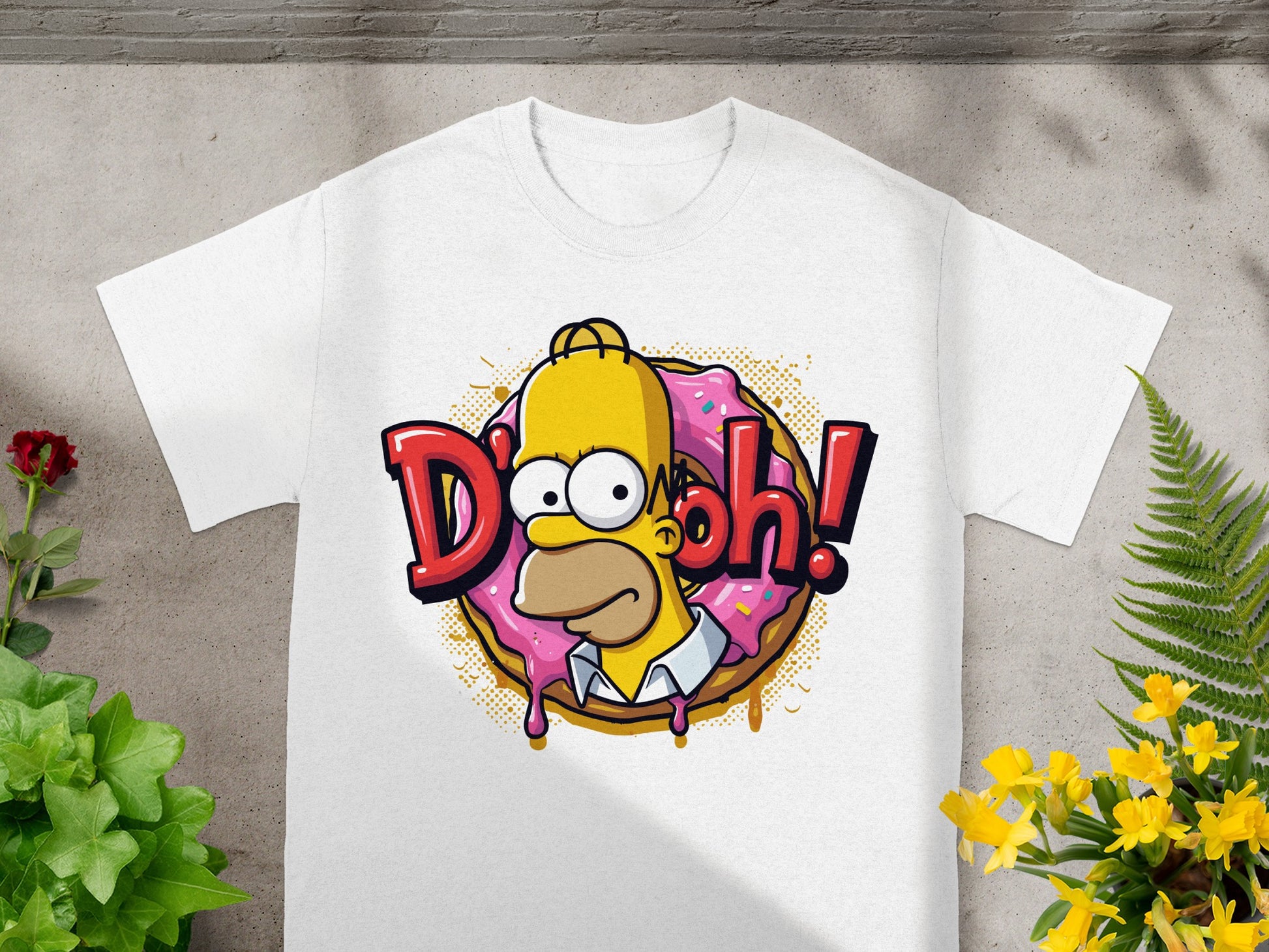 White t-shirt featuring Homer Simpson saying "D'oh!" with a donut.
