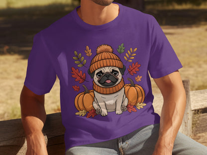 Cute Pug With Pumpkins And Leaves Graphic T-Shirt