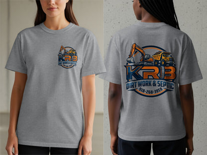 Grey t-shirt with KRB Dirt Work & Septic logo featuring excavator and dump truck.