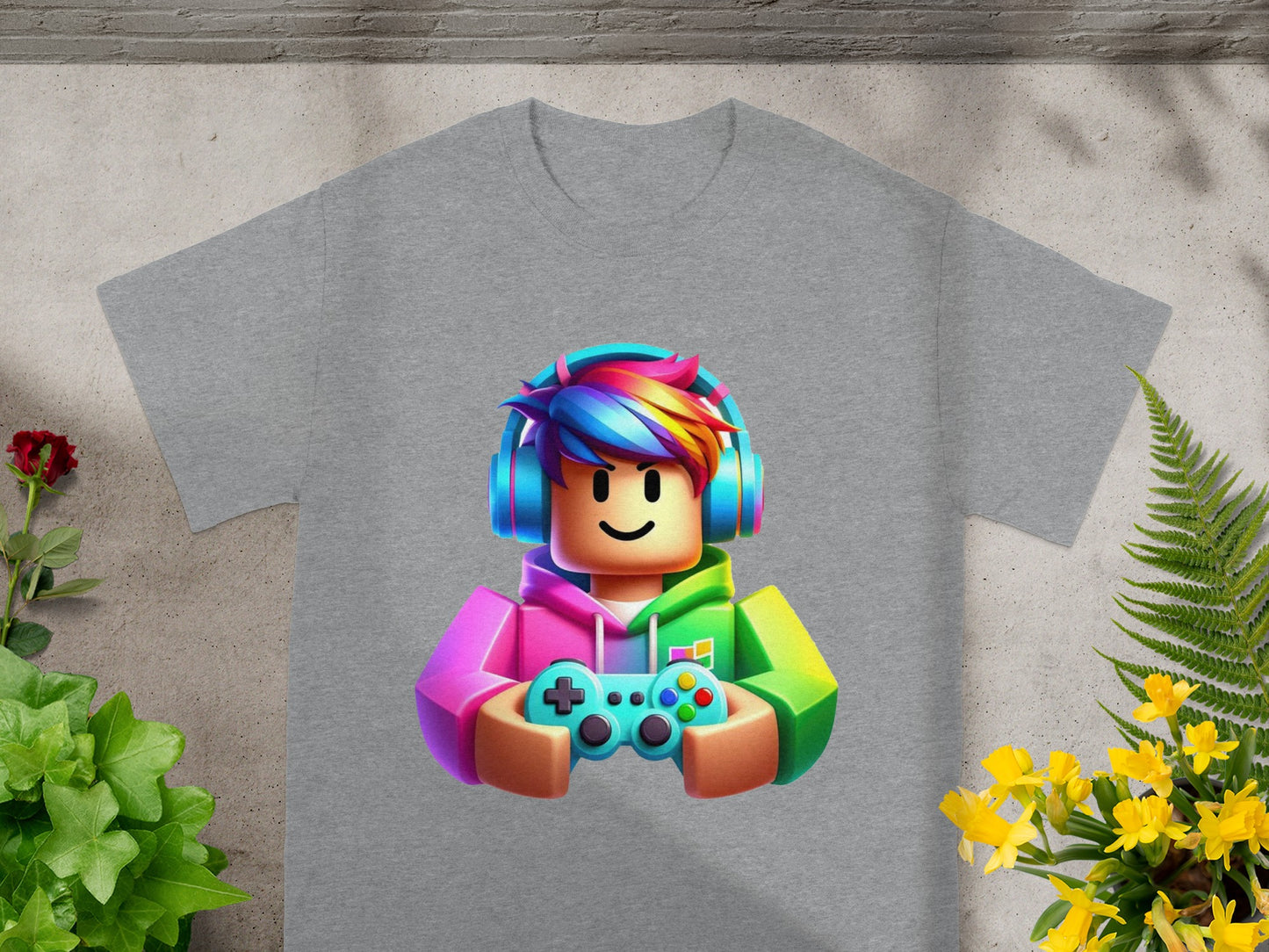Cartoon character wearing headphones and holding a game controller on a gray t-shirt.