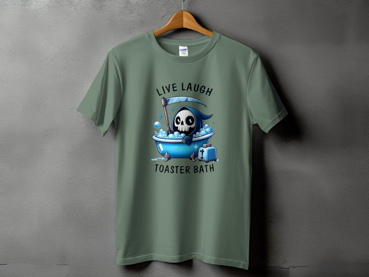 Green t-shirt with grim reaper in bathtub and text "Live Laugh Toaster Bath".