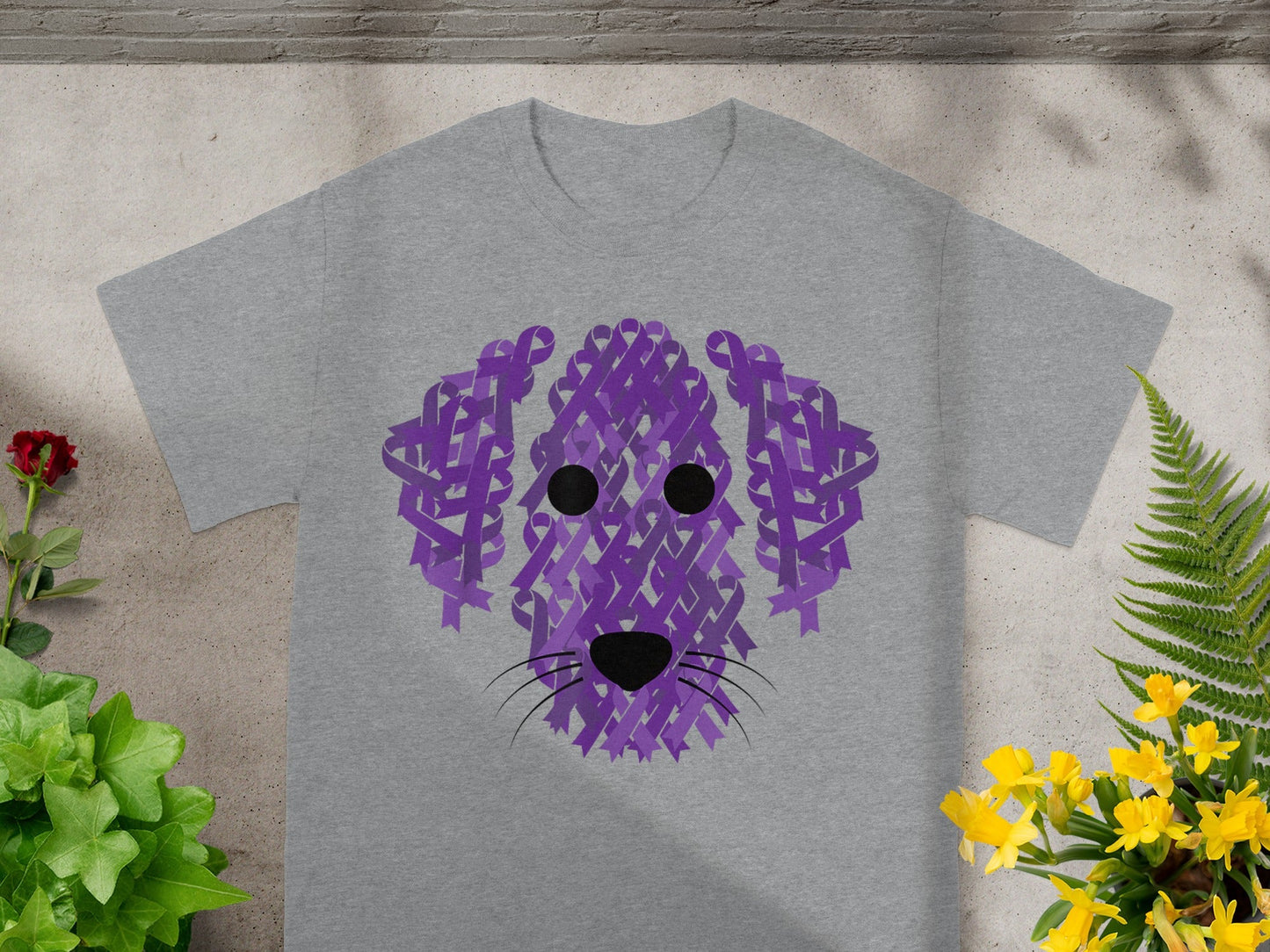 Purple Ribbon Dog Face Graphic on Grey T-shirt