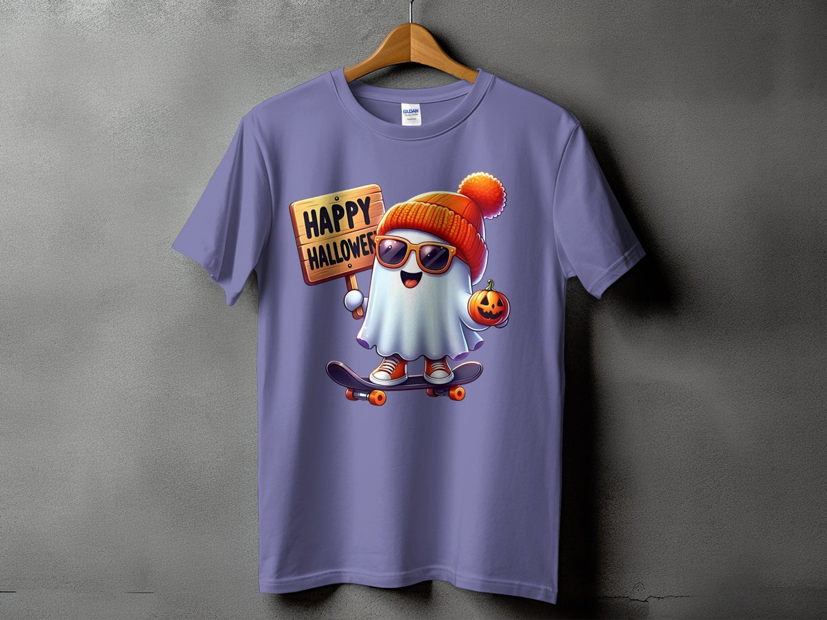 Ghost with sunglasses and beanie on skateboard holding "Happy Halloween" sign.