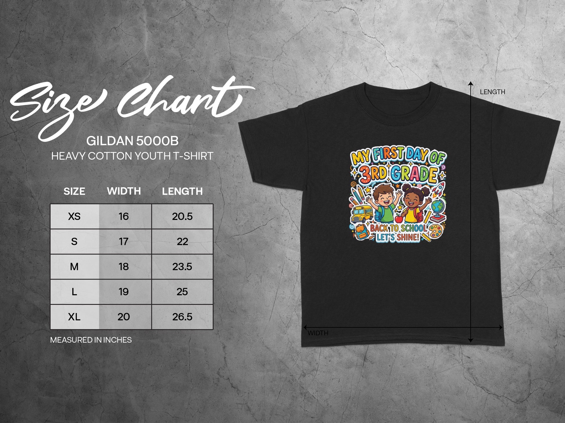 Gildan 5000B youth t-shirt size chart with width and length measurements in inches.