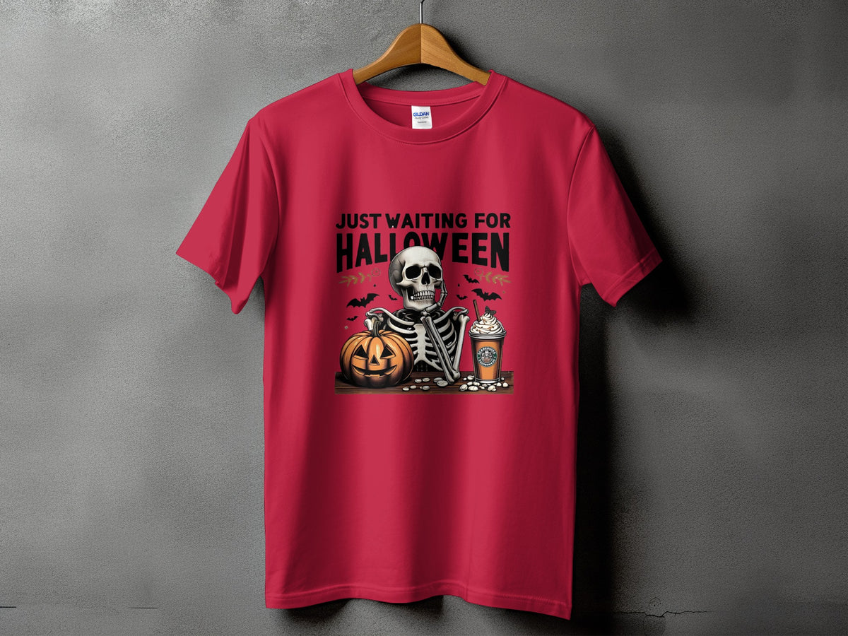 Red t-shirt with skeleton, pumpkin, and coffee cup graphic and "Just Waiting For Halloween" text.