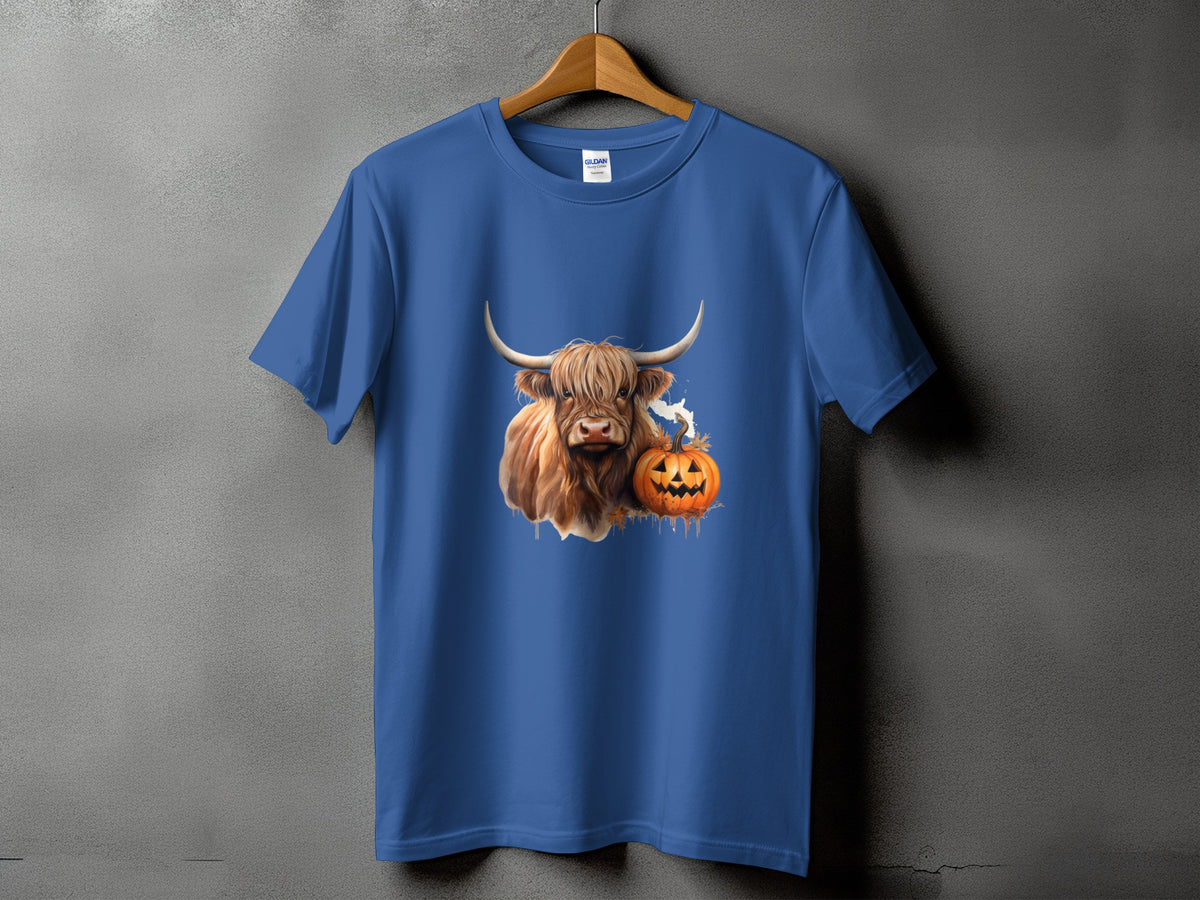 Blue t-shirt with a Highland cow and jack-o'-lantern Halloween graphic.