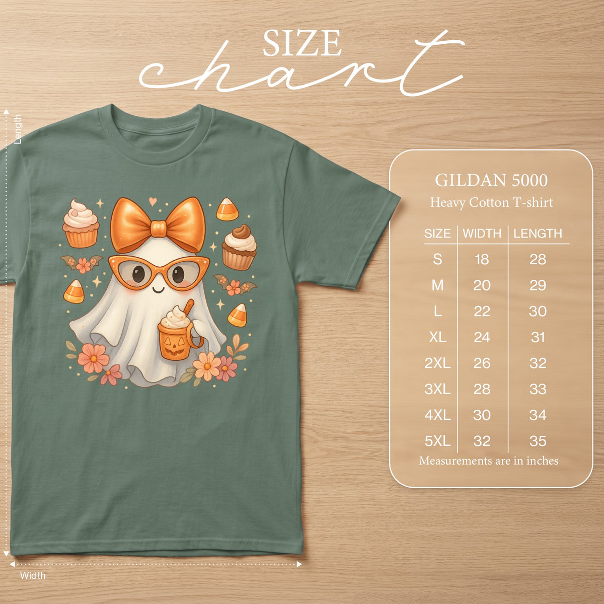 Cute ghost graphic tee with Halloween treats and Gildan 5000 size chart.