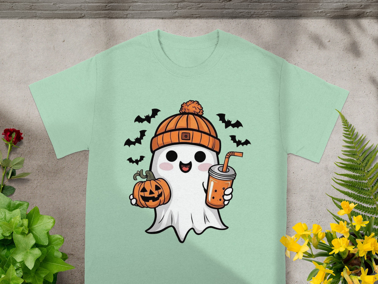 Cute ghost wearing a beanie, holding a pumpkin and a drink, with bats.