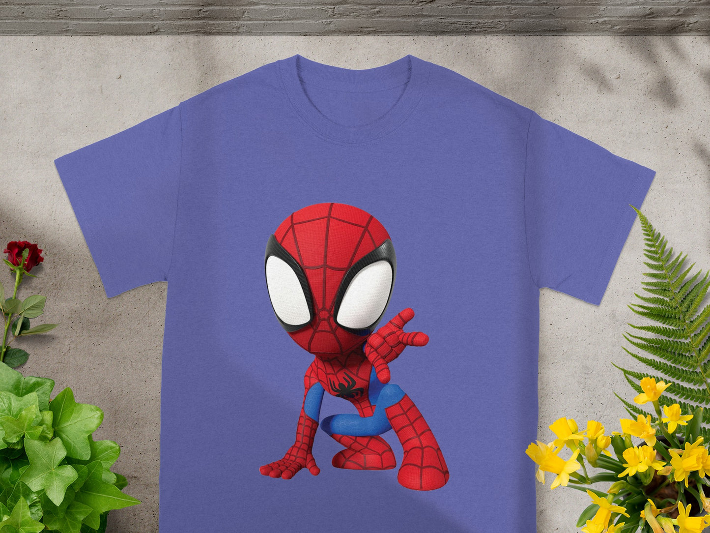 Purple t-shirt with a kneeling chibi Spider-Man graphic.