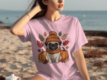 Cute Pug in Fall Leaves with Pumpkins T-shirt