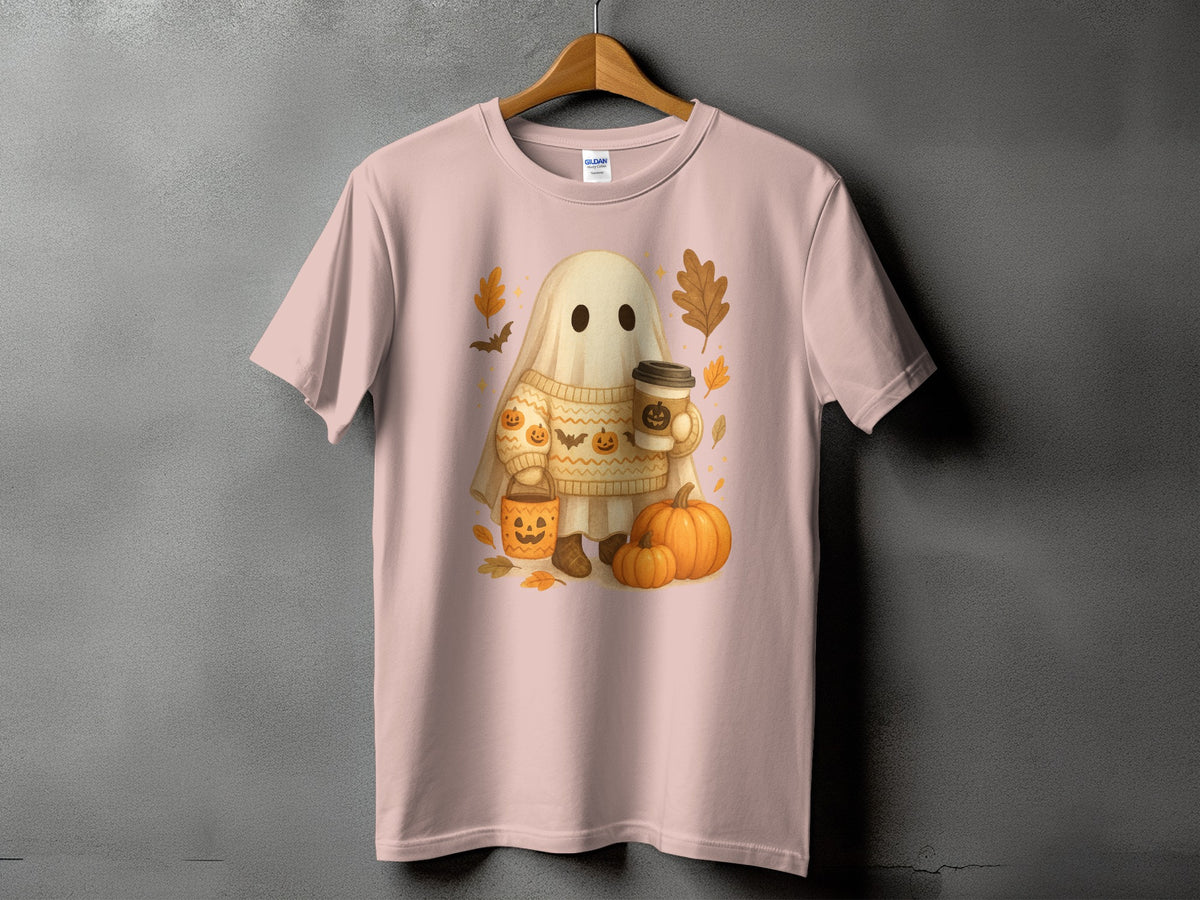 Ghost with pumpkins and coffee, wearing a sweater, on a pink t-shirt.
