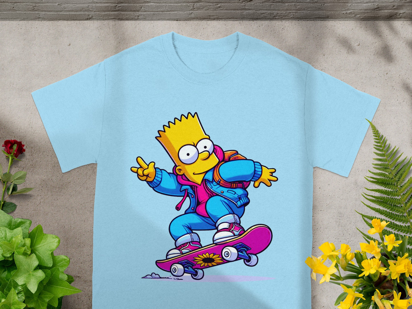 Bart Simpson skateboarding with a pink backpack and colorful shoes.