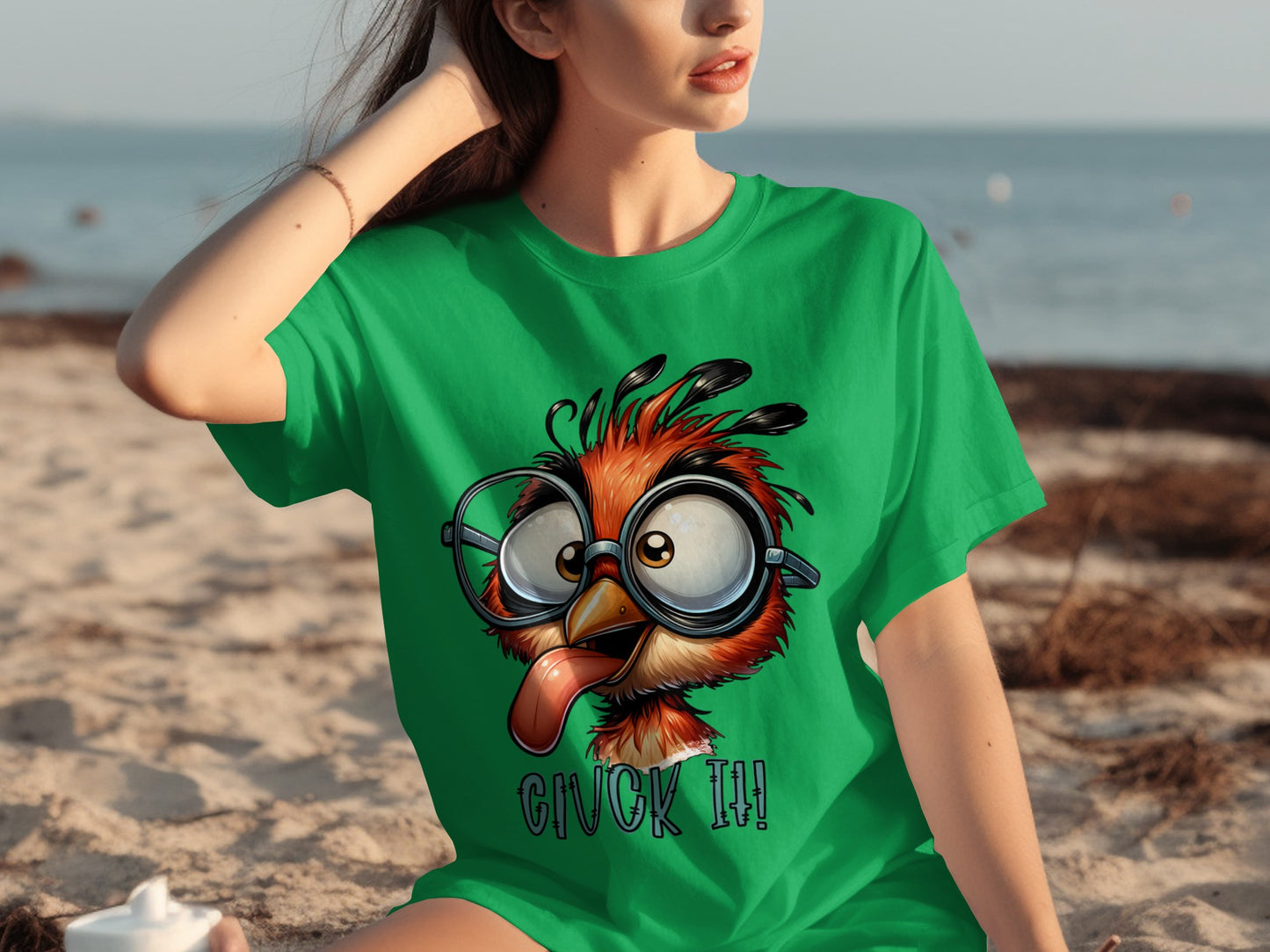 Funny Crazy Bird With Glasses Green T-Shirt