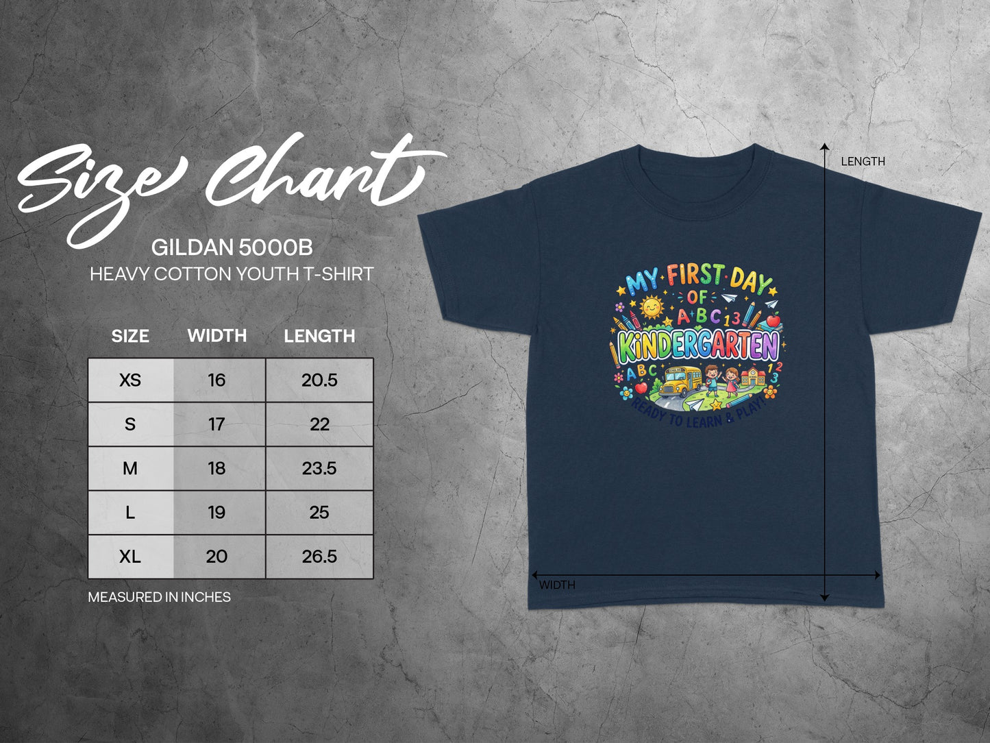 Gildan 5000B youth t-shirt size chart with width and length measurements.