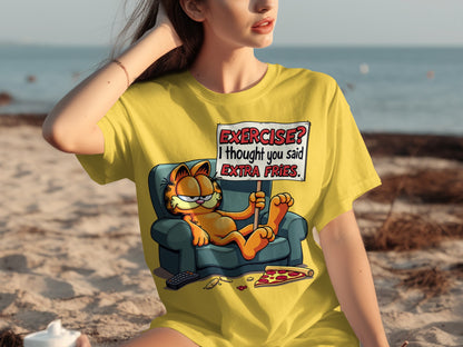 Garfield Shirt Exercise Extra Fries Funny Cartoon T-Shirt