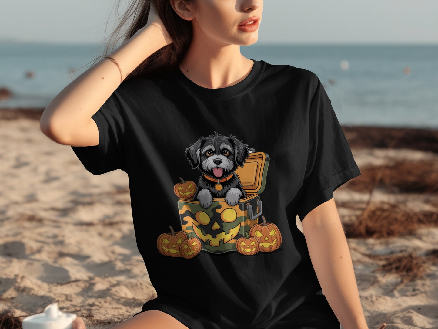 Cute Dog in Pumpkin with Halloween Jack 'O Lanterns Shirt