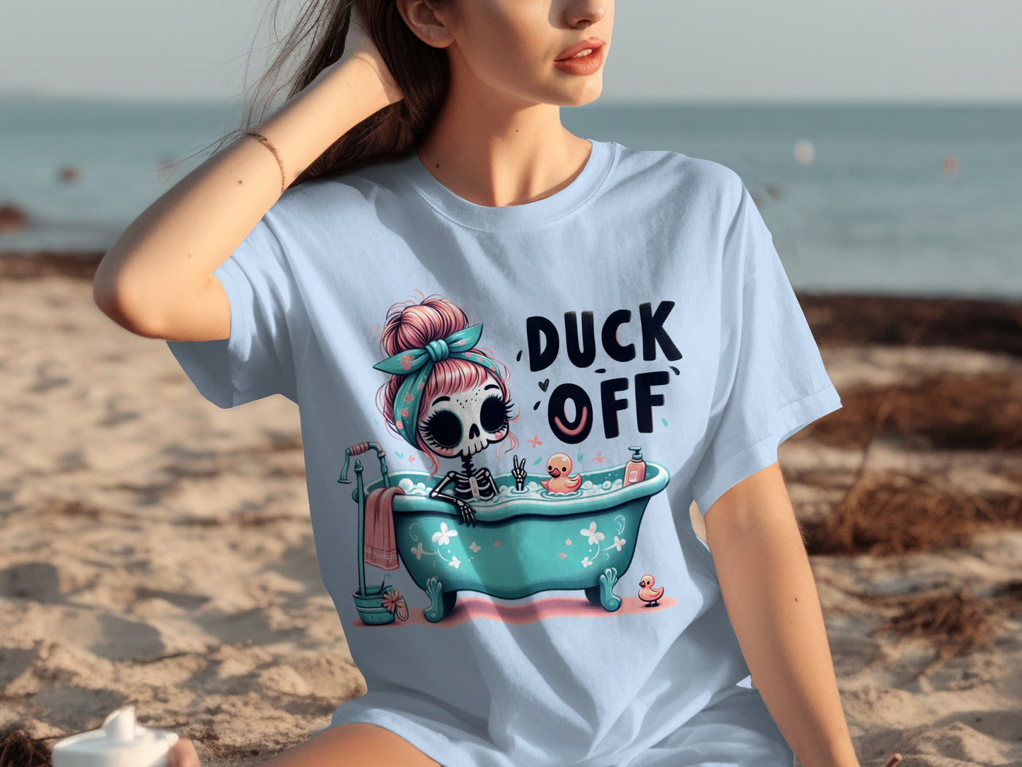 Duck Off Skeleton in Bathtub Graphic Tee