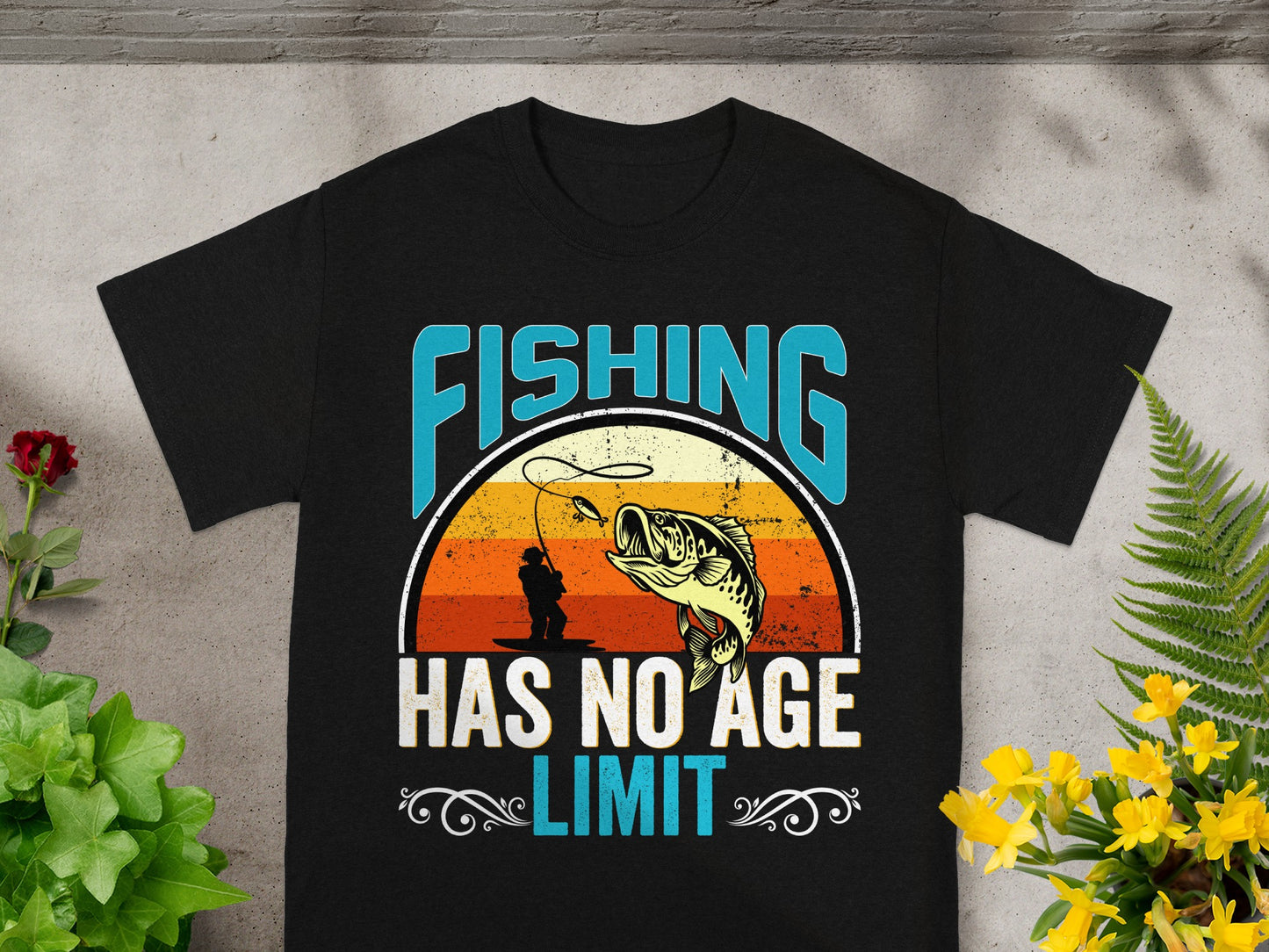 Black t-shirt with "FISHING HAS NO AGE LIMIT" text and fishing graphic.
