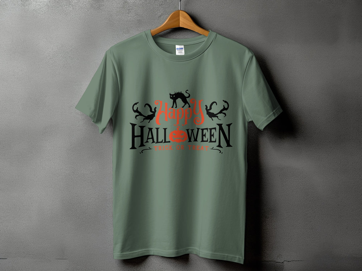 Green t-shirt with "Happy Halloween" text, pumpkin, and black cats.