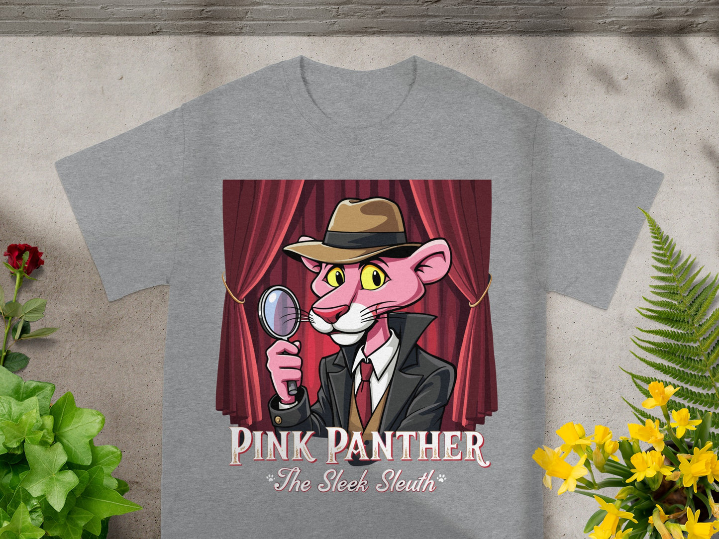 Pink Panther wearing a detective suit and hat, holding a magnifying glass.