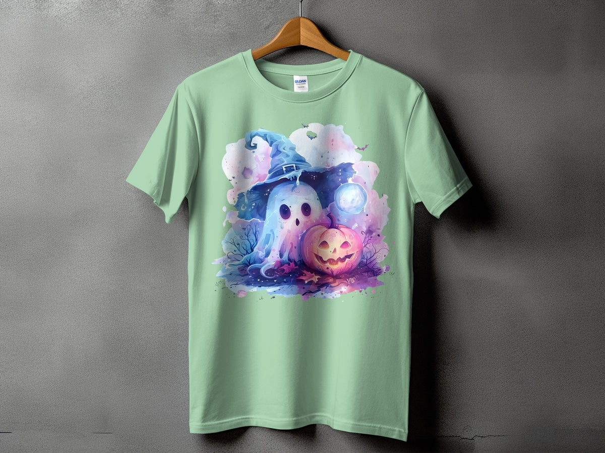 Light green t-shirt with watercolor ghost and jack-o-lantern Halloween graphic.