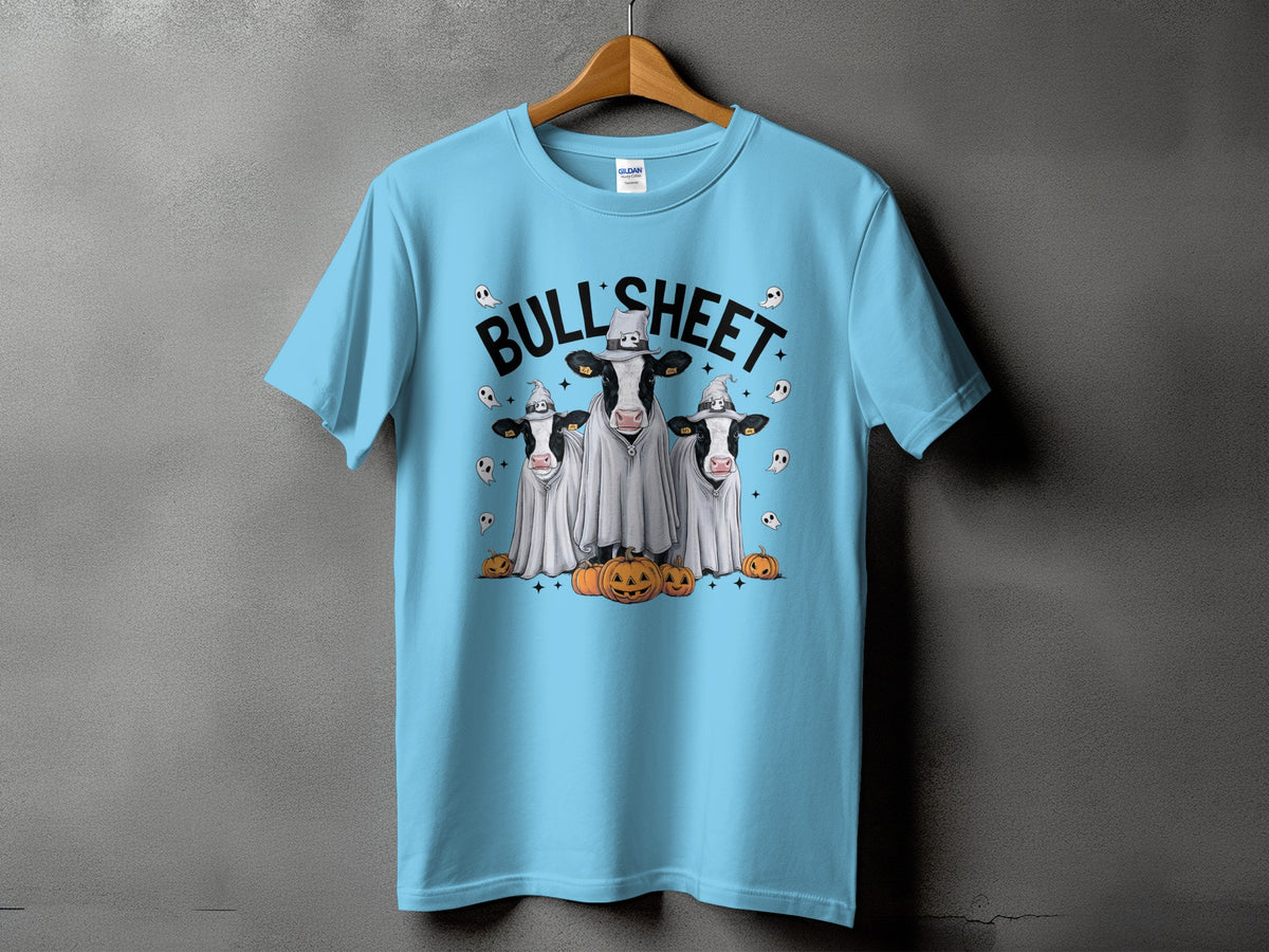 Three cows in ghost costumes with "Bull Sheet" text and pumpkins.