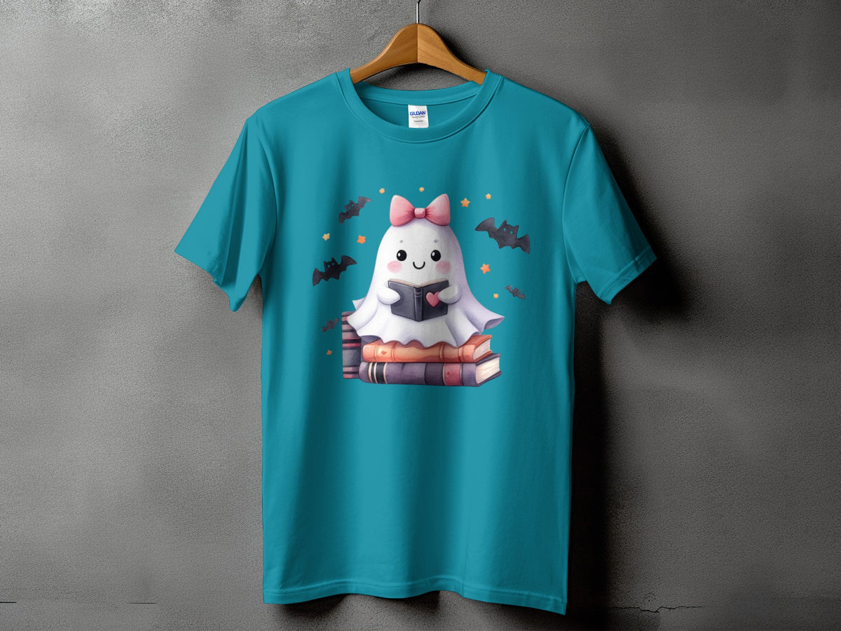 Cute ghost wearing a pink bow reading a book surrounded by bats and stars.
