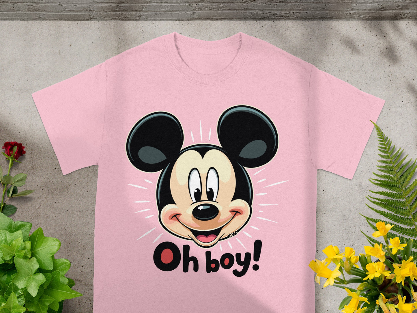 Pink t-shirt with Mickey Mouse graphic saying "Oh boy!"
