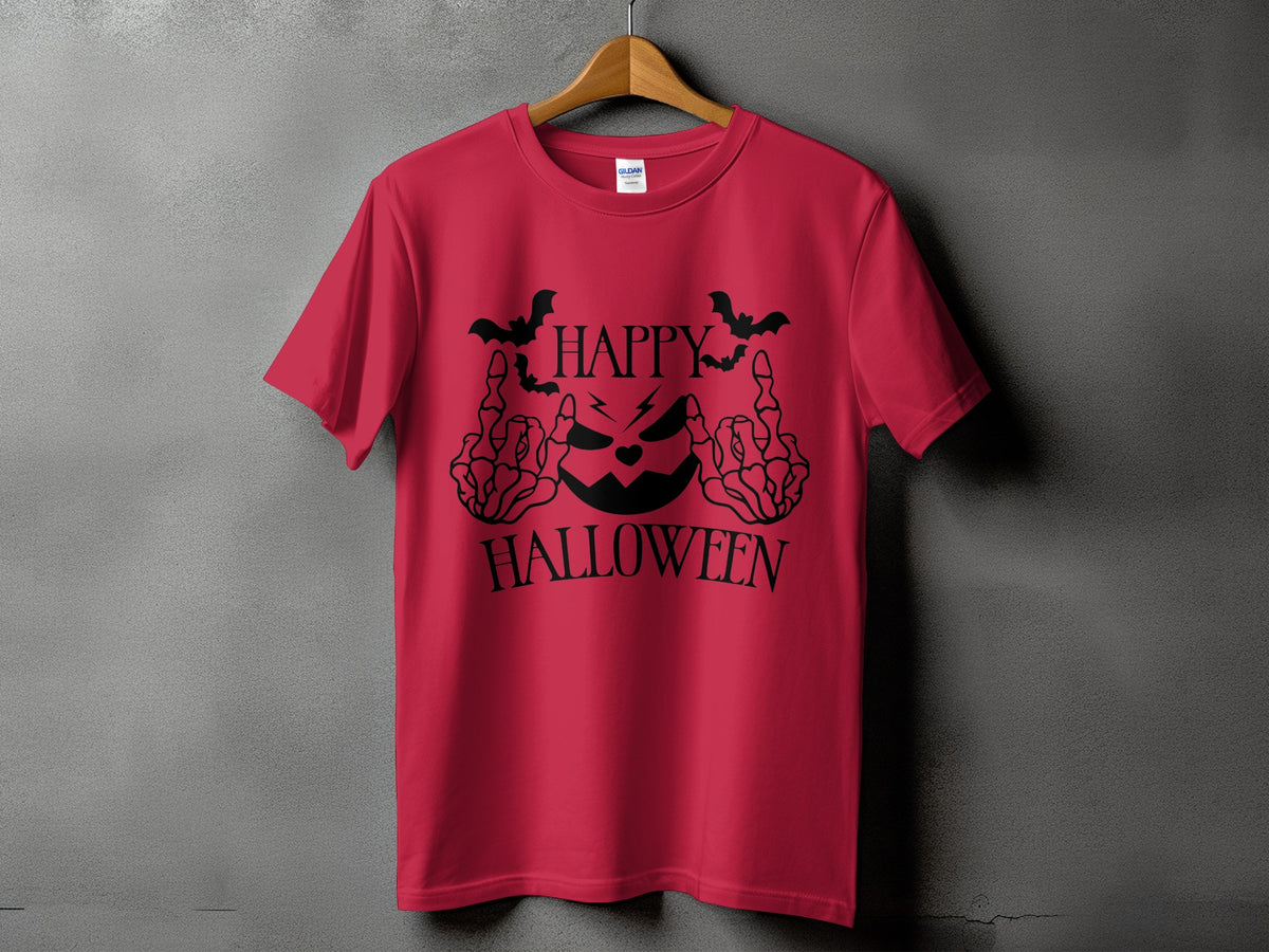 Red t-shirt with black Halloween graphic featuring a jack-o'-lantern and bats.