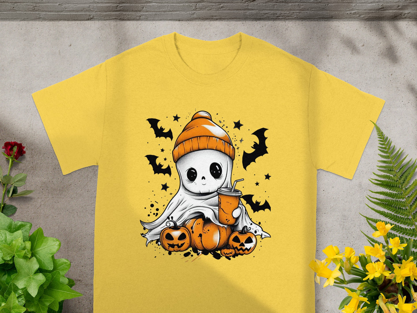 Cute ghost with beanie, pumpkins, and drink, surrounded by bats and stars.