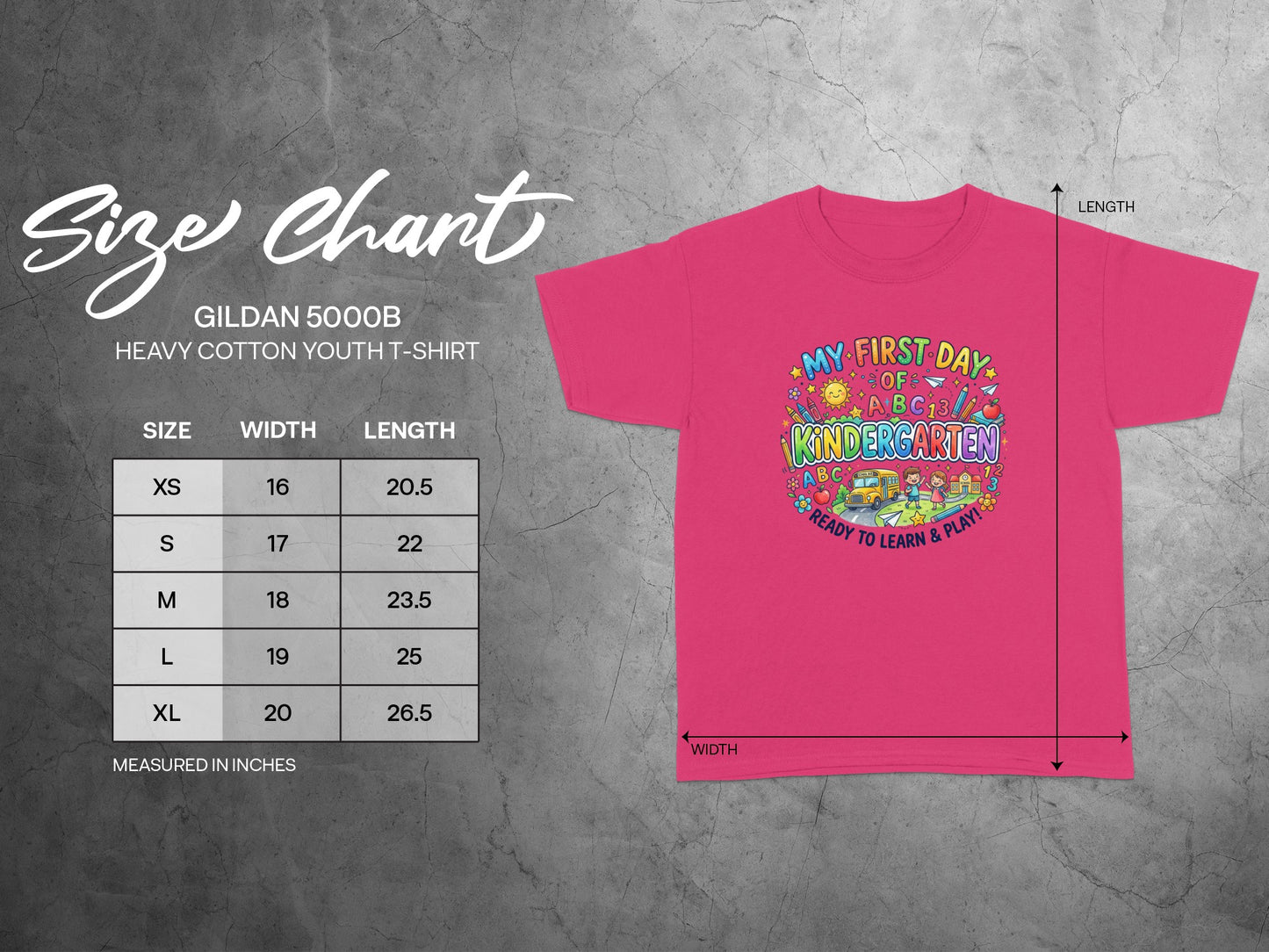 Gildan 5000B youth t-shirt size chart with width and length in inches.