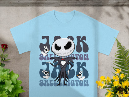 Light blue t-shirt with Jack Skellington graphic and text.