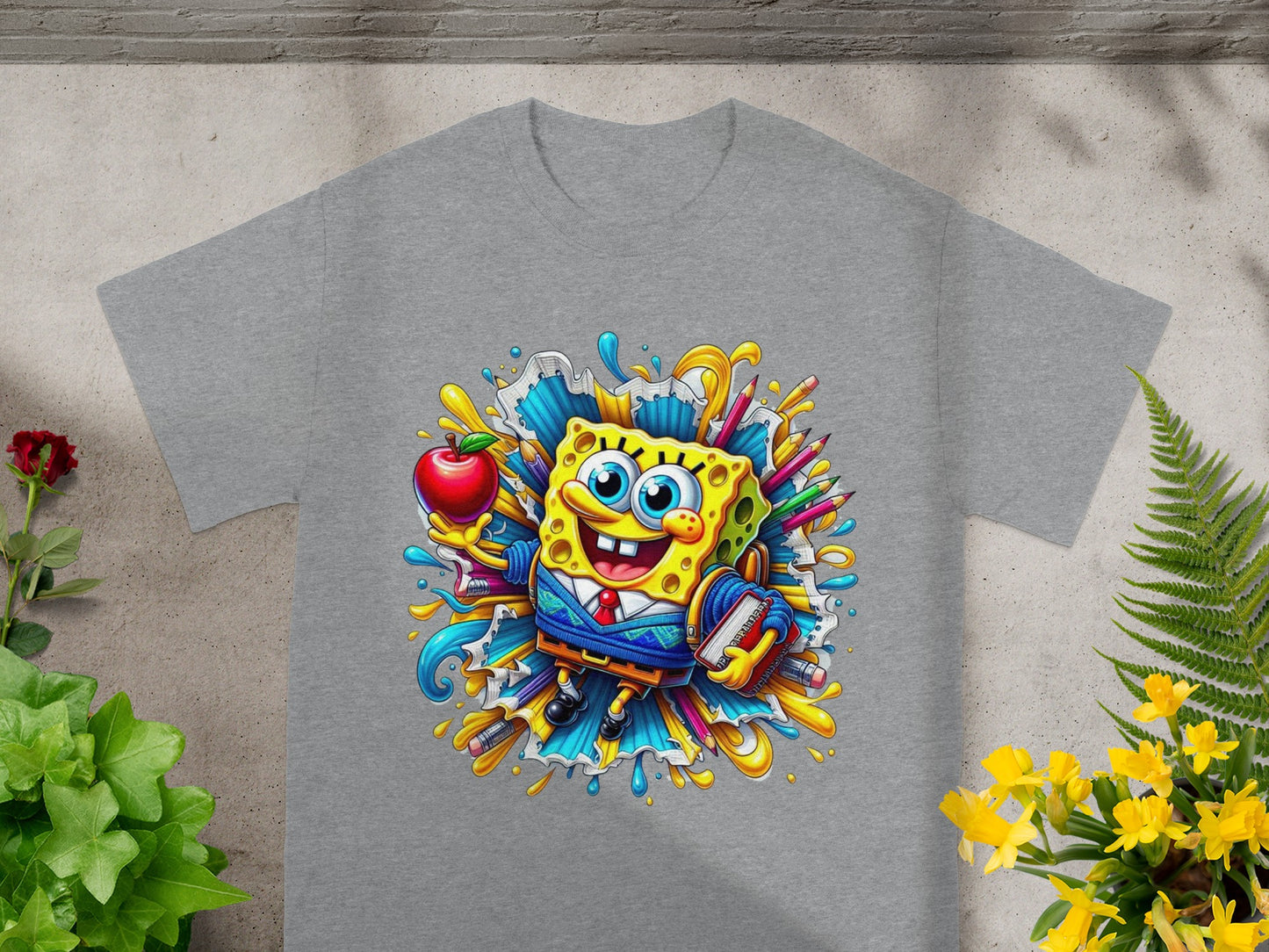 SpongeBob SquarePants holding an apple and book, surrounded by pencils and school supplies.