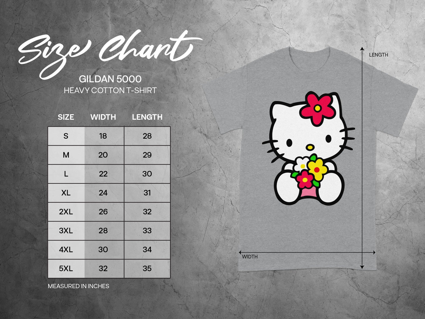 GILDAN 5000 Size Chart White Cat Red Flowers T-SHIRT product type