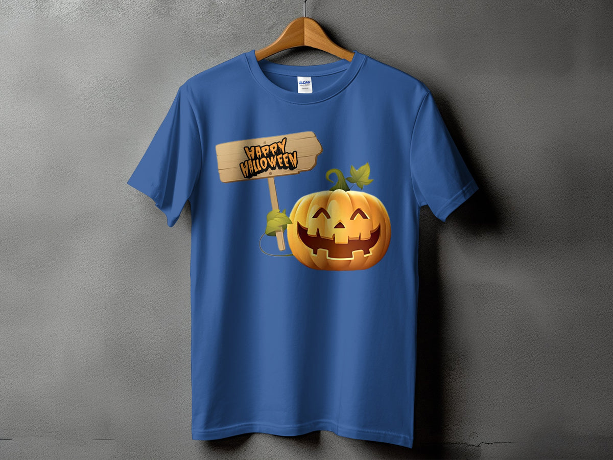 Blue t-shirt with carved pumpkin and "Happy Halloween" sign graphic.