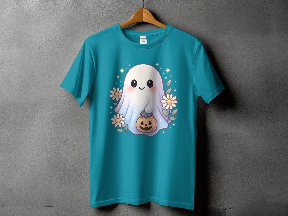 Teal t-shirt with a cute ghost holding a pumpkin and surrounded by flowers.
