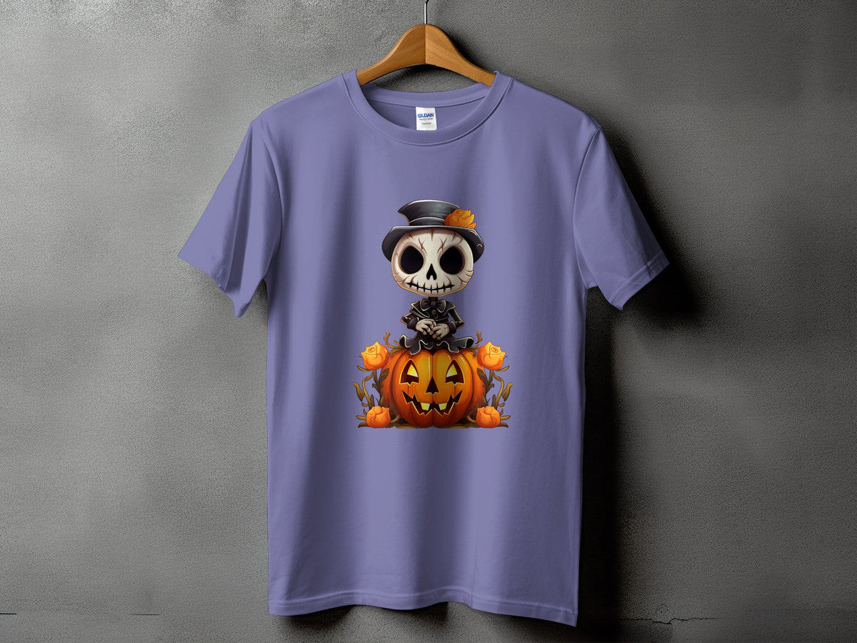 Purple t-shirt with a cartoon skeleton sitting on a jack-o'-lantern.