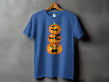 Blue t-shirt with stacked jack-o'-lanterns graphic, bats, and text "Happy Halloween".