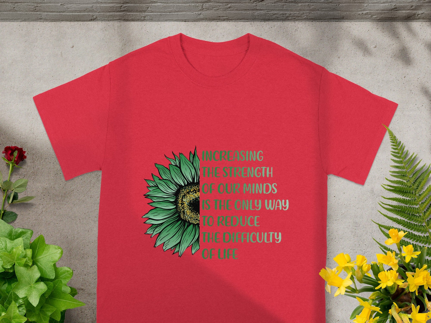 Red Shirt with Inspirational Quote and Sunflower Design