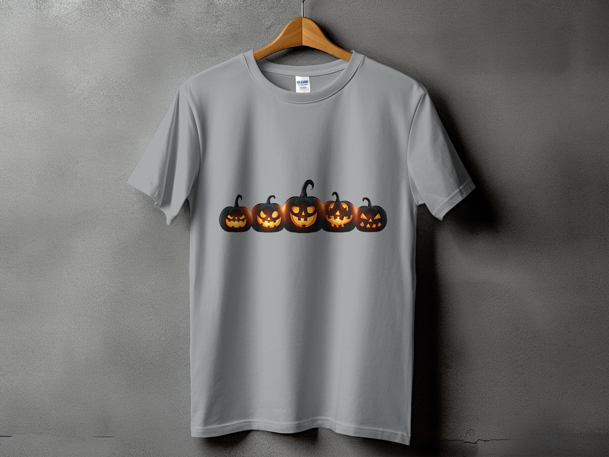 Gray t-shirt featuring a row of five glowing Jack-o'-lanterns.