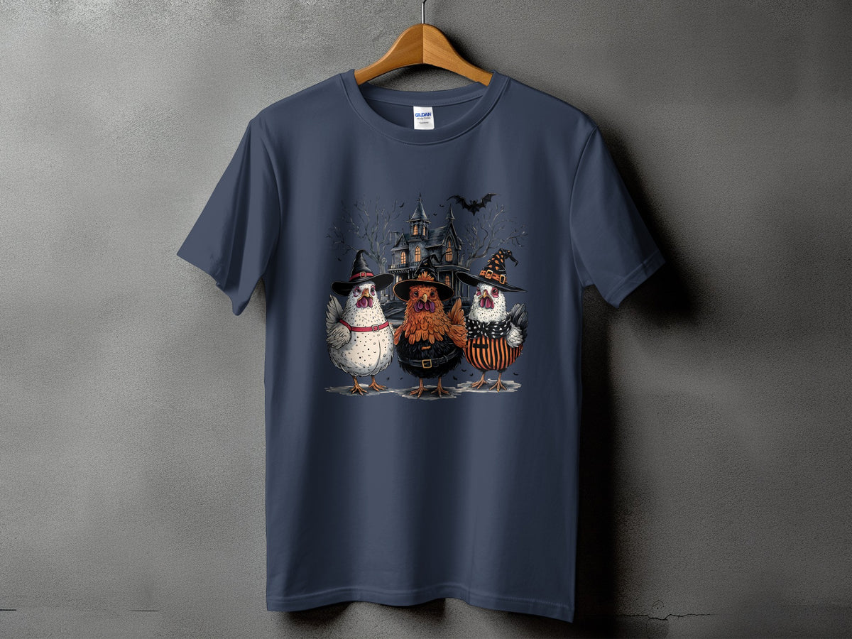 Three chickens in witch hats stand before a spooky haunted house.