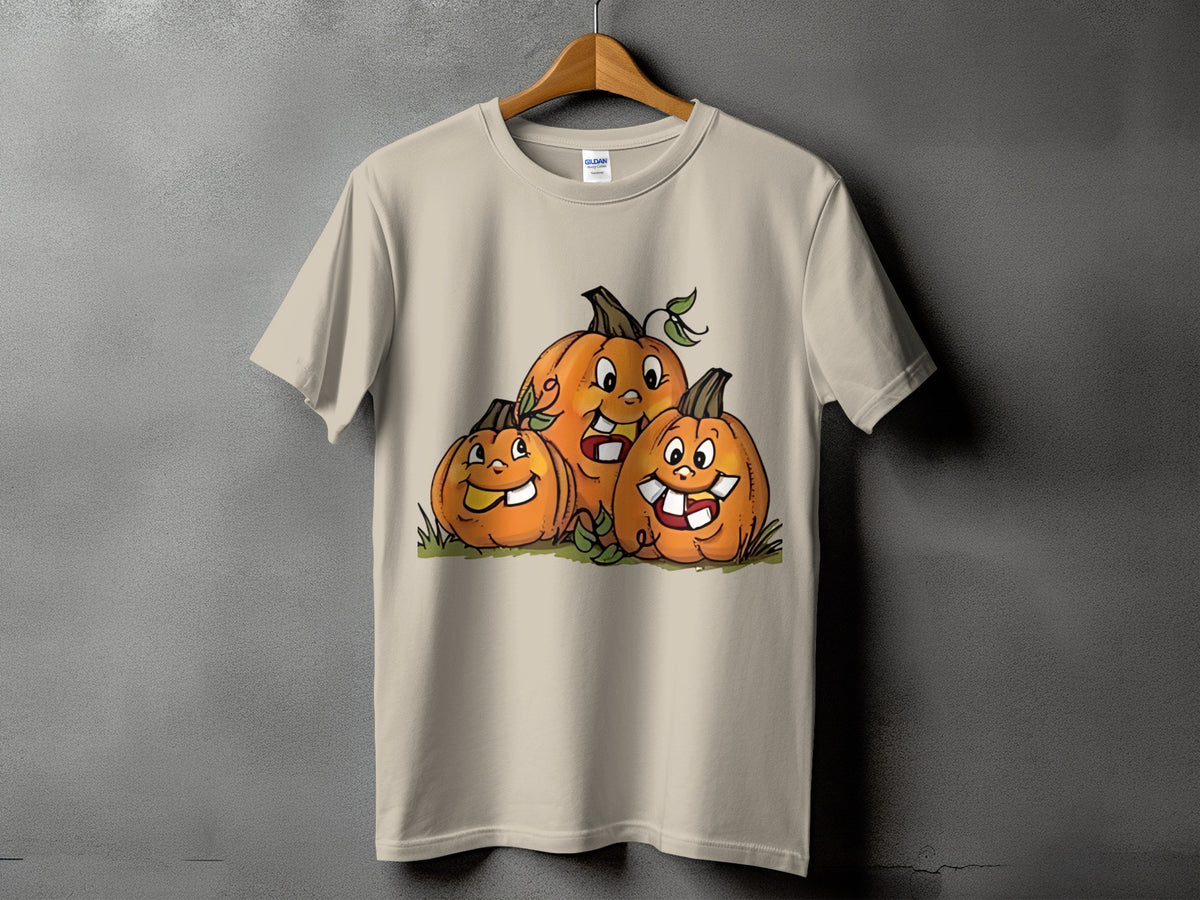 T-shirt with cartoon pumpkins smiling and showing teeth.