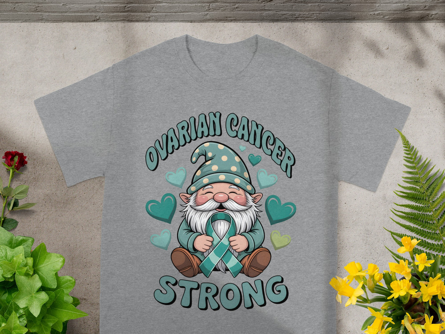 Ovarian Cancer Strong Gnome Teal Ribbon T-Shirt