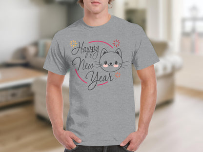 Happy New Year Cat Face Design Short Sleeve Shirt