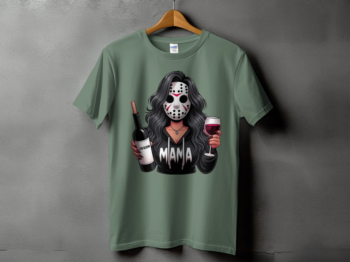 Green t-shirt with "Mama" graphic featuring a woman in a hockey mask holding wine.